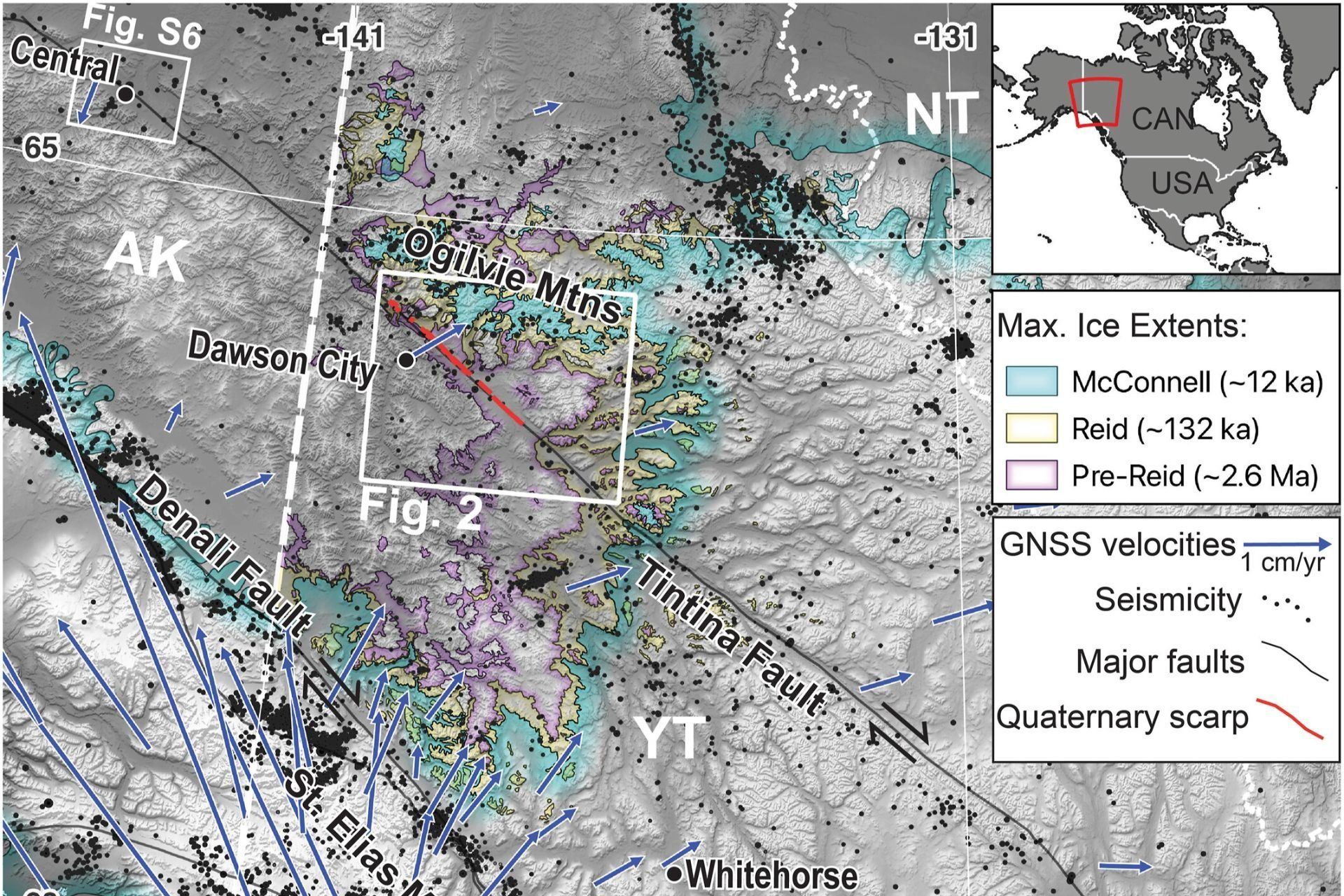 Mapa revela a fisiografia e tectônica sísmica da Falha Tintina no território do Yukon.; Reprodução: Gizmodo