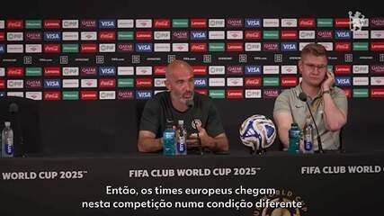 Técnico do Chelsea, Enzo Maresca, reage a pergunta sobre o número de jogos do Fluminense. Reprodução: Globo