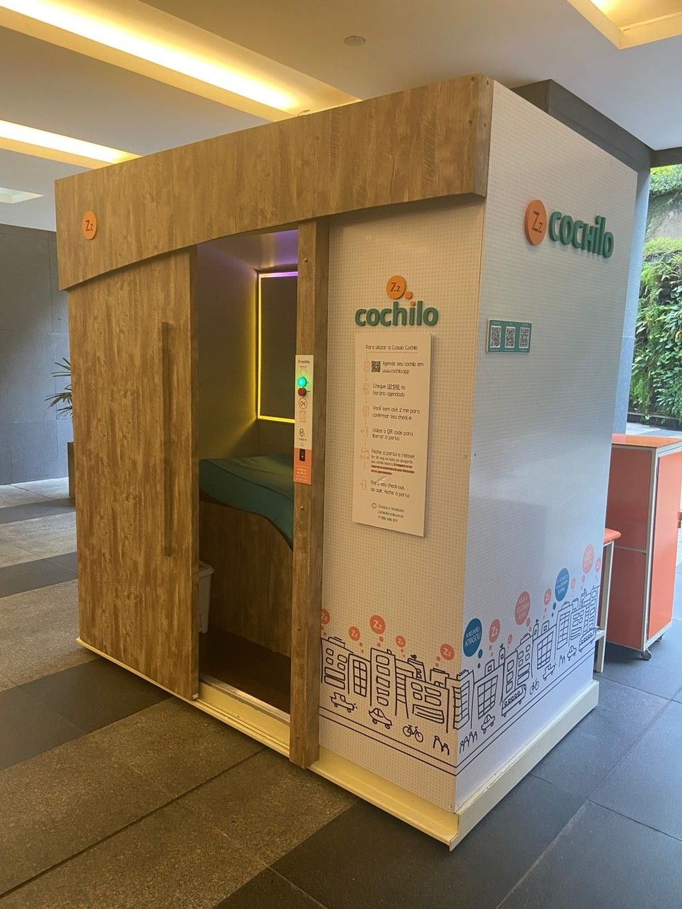 Cabine do cochilódromo oferece descanso no meio do expediente em São Paulo.; Reprodução: Edson Valente/g1