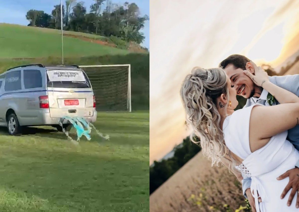 Noiva chegou ao casamento em carro fúnebre em Pinhalzinho, revelando a história romântica com o noivo.; Reprodução: Globo
