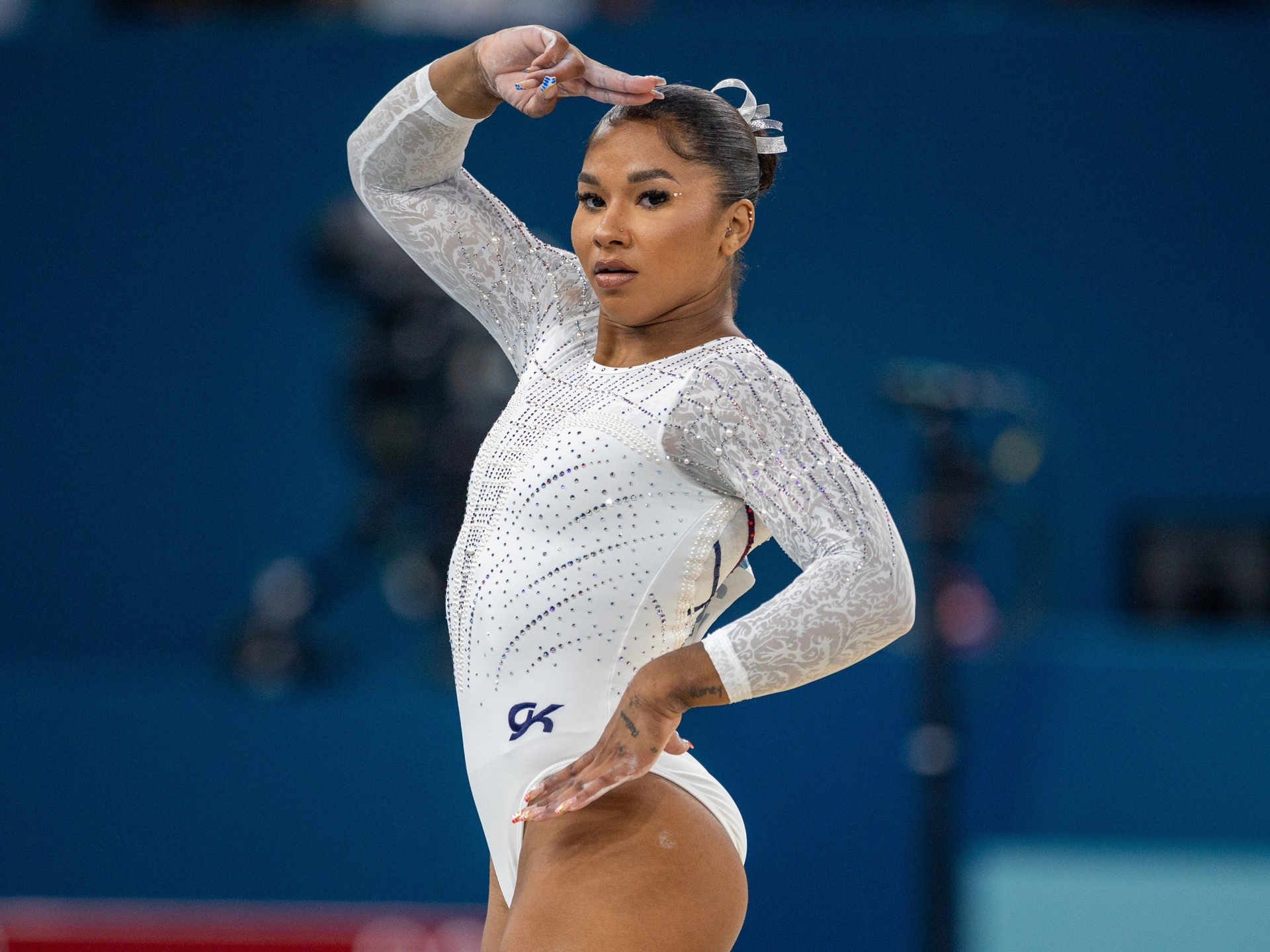 Jordan Chiles executa sua rotina de solo na final olímpica de ginástica feminina. Reprodução: Business Insider