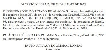 Marília Albuquerque assume a recém-criada Secretaria da Mulher no governo de Paulo Dantas. Reprodução: Redação