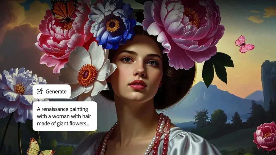 Mulher retratada em pintura renascentista, representando os novos recursos de IA da Adobe. Reprodução: Tecnoblog