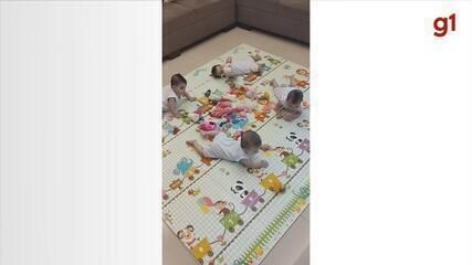 Quadrigêmeas comemoram o primeiro aniversário após 100 dias na UTI em Olímpia, SP. Reprodução: Globo