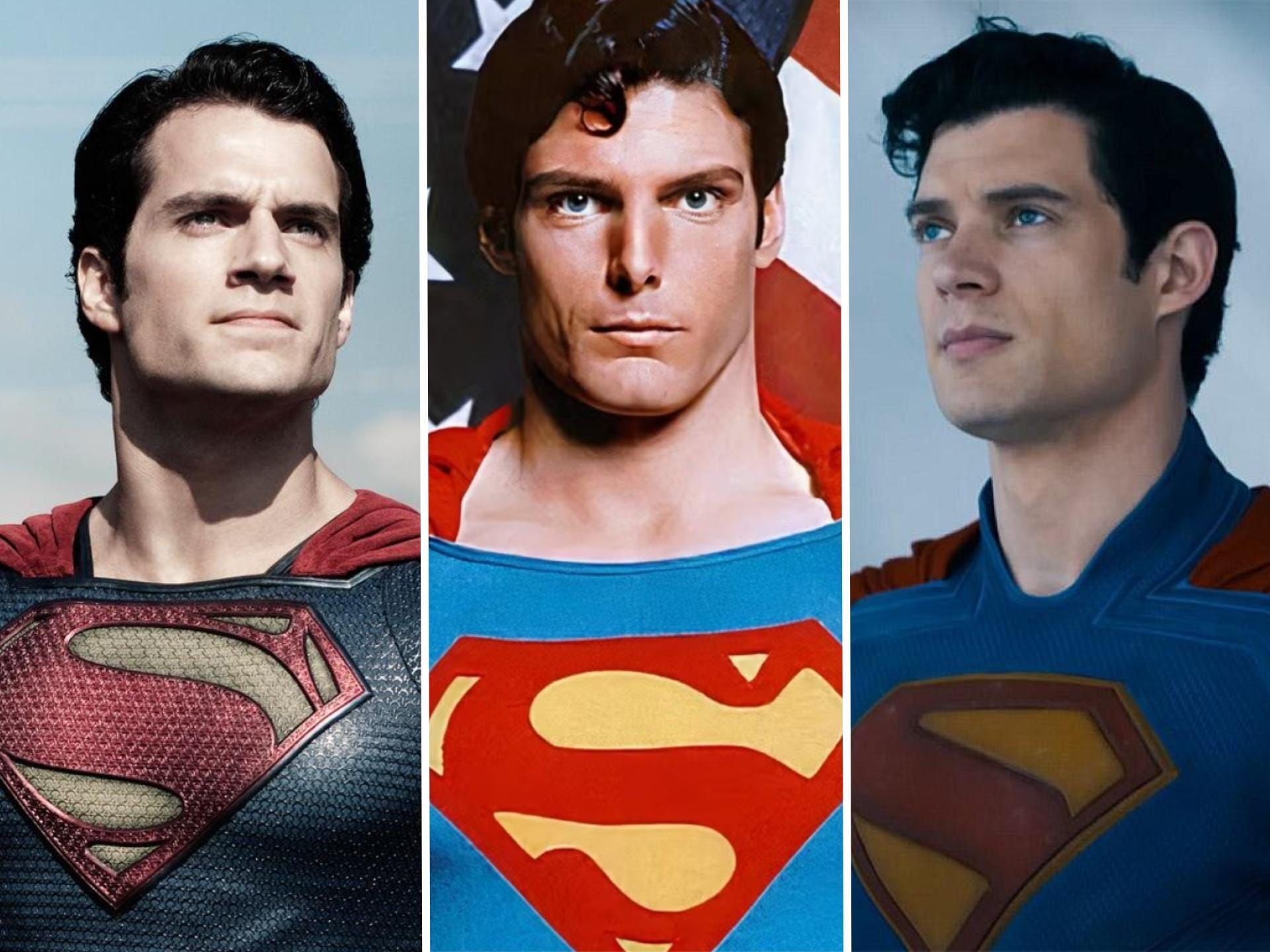 Henry Cavill, Christopher Reeve e David Corenswet em trajes de Superman, representando a icônica evolução do herói. Reprodução: Business Insider