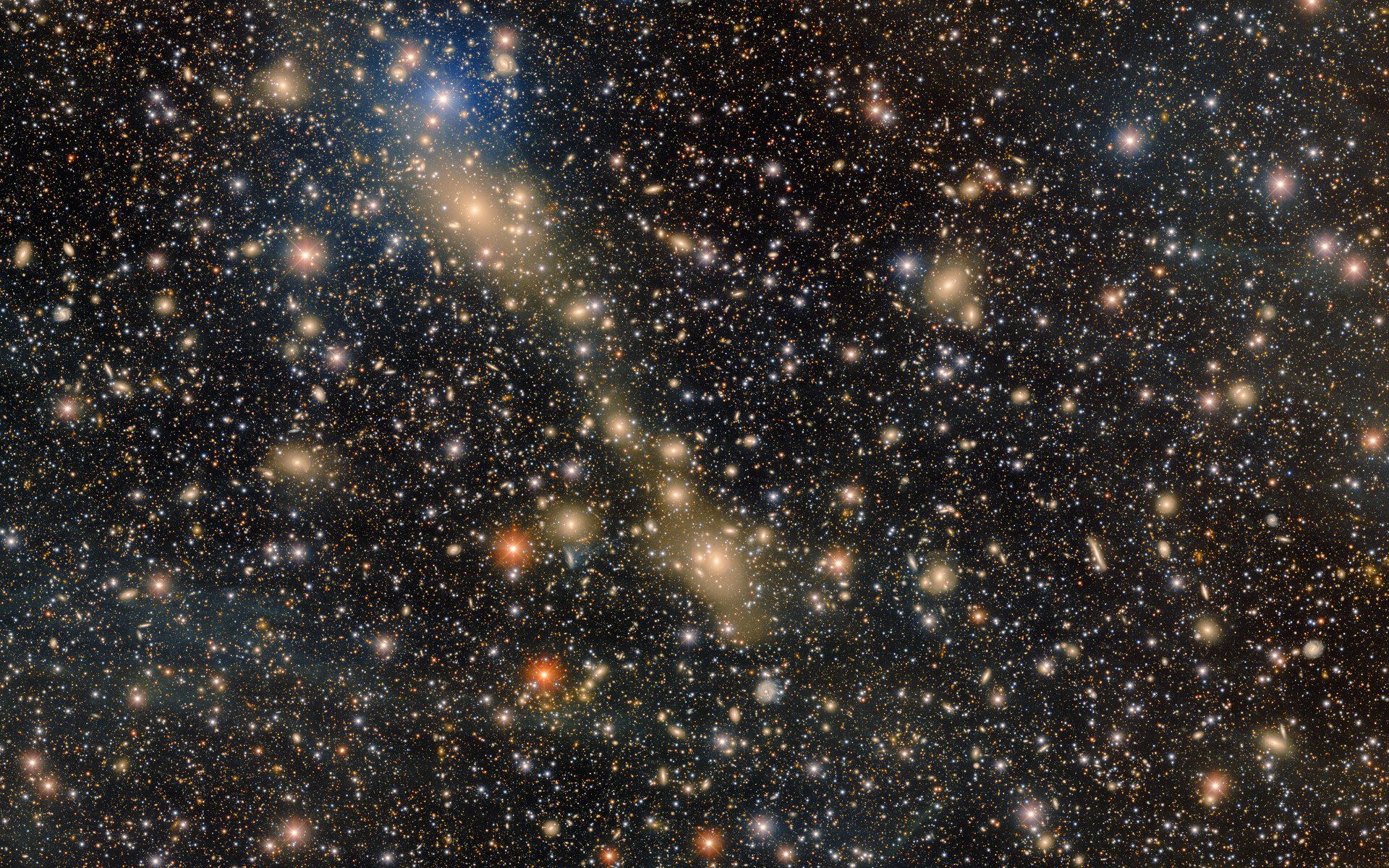 Astrônomos revelam imagem detalhada do aglomerado de galáxias Abell 3667, a 700 milhões de anos-luz da Terra. Reprodução: Gizmodo