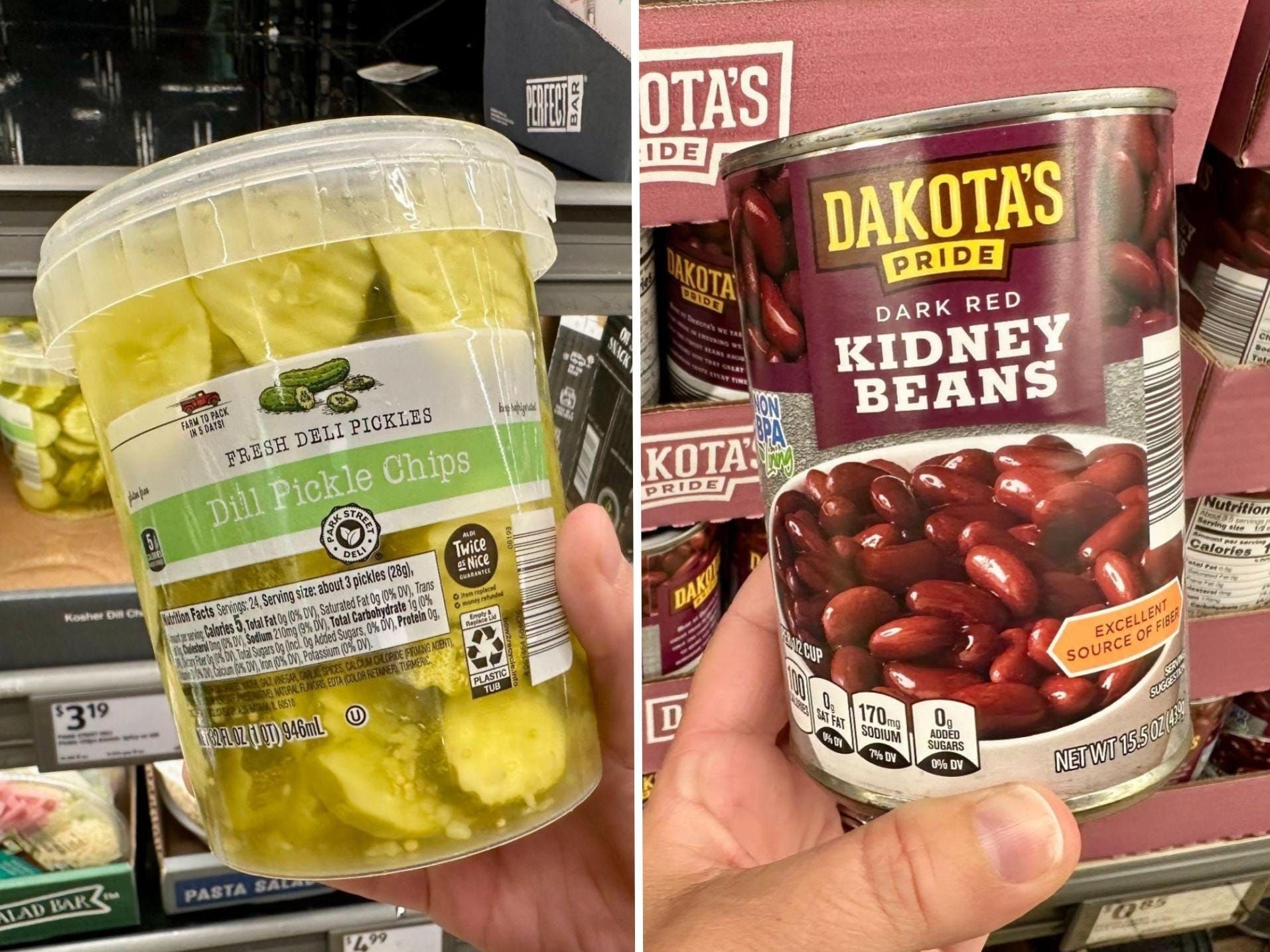 Aldi oferece opções saudáveis e saborosas como chips de picles e feijão vermelho. Legenda da imagem. Reprodução: Carly Caramanna