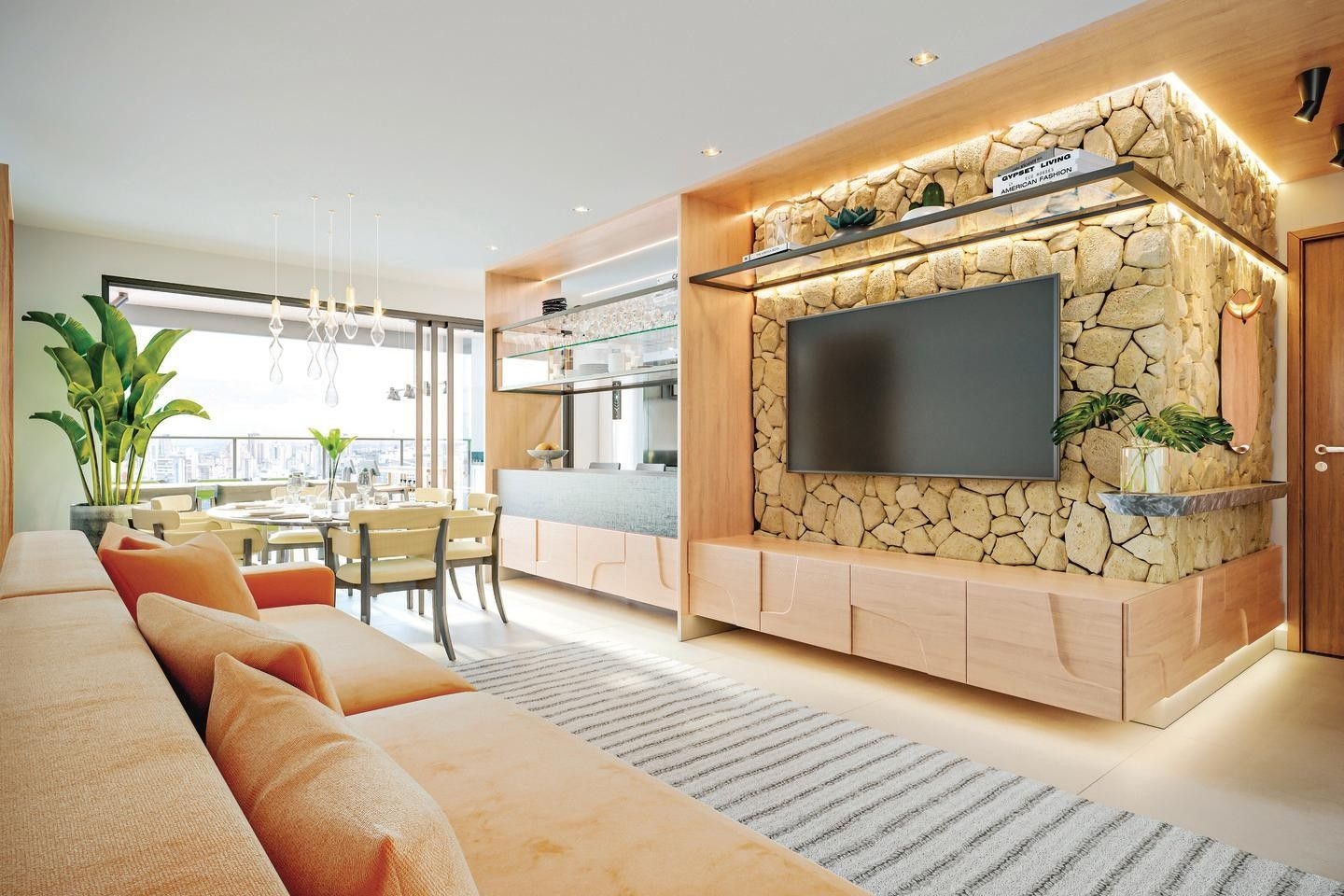 Biofilia nos acabamentos: madeira, pedra e cimento criam ambientes mais naturais. Reprodução: Retorno do item 11