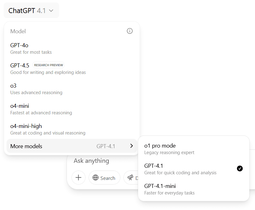 Usuários do ChatGPT Pro agora têm acesso a oito modelos de IA, incluindo o novo GPT-4.1. Reprodução: Benj Edwards