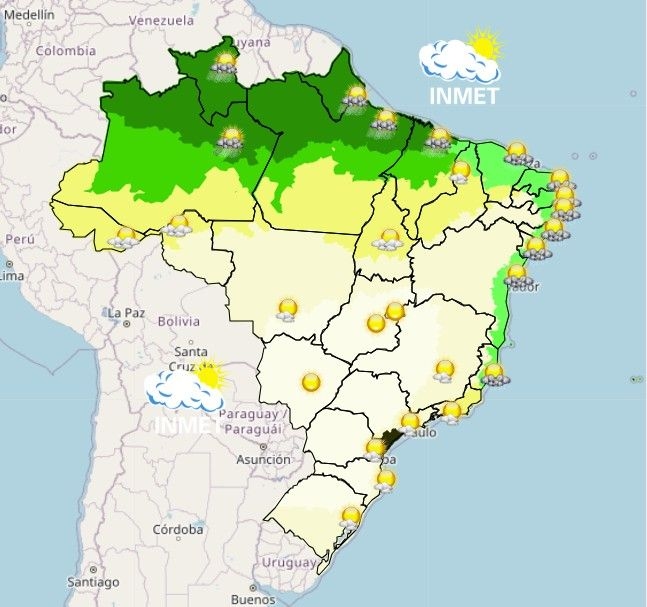 Previsão de chuva e alertas para o Nordeste e Norte do Brasil nesta quinta-feira. Reprodução: Globo