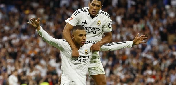 Mbappé celebra gol durante a vitória do Real Madrid sobre o Celta no Bernabéu. Reprodução: UOL