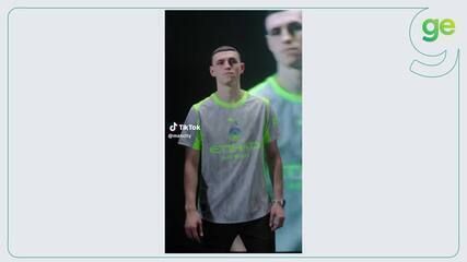 Manchester City apresenta nova terceira camisa com design polêmico para a temporada 2025/2026. Reprodução: Globo