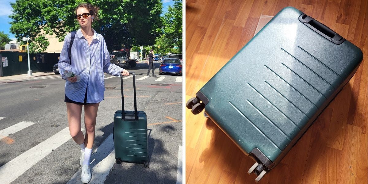 Análise do desempenho e durabilidade da mala Quince após um ano de uso frequente. Reprodução: Business Insider