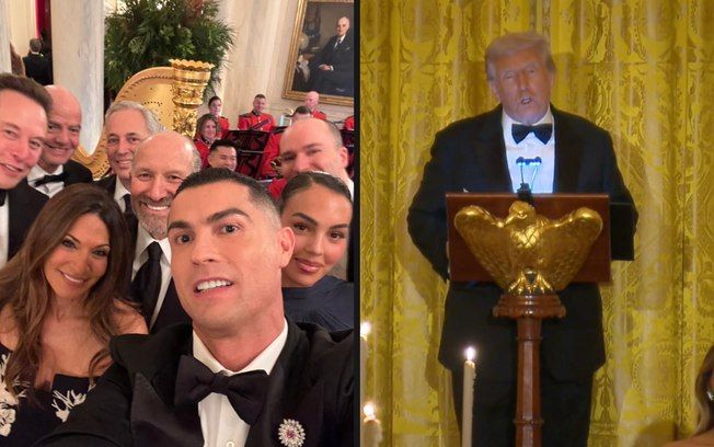 Cristiano Ronaldo e Donald Trump em encontro na Casa Branca durante jantar de gala. Reprodução: iG Esportes