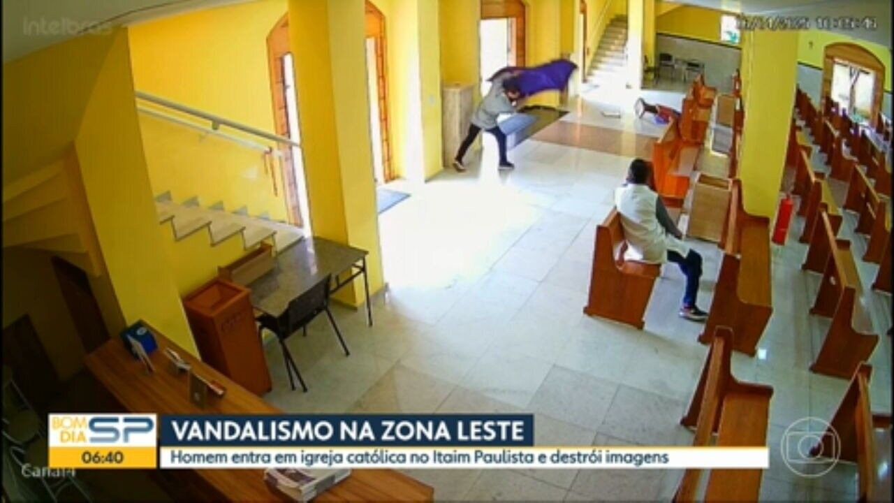 Pároco lamenta vandalismo em imagens sagradas na Paróquia Bom Jesus das Oliveiras. Reprodução: Globo