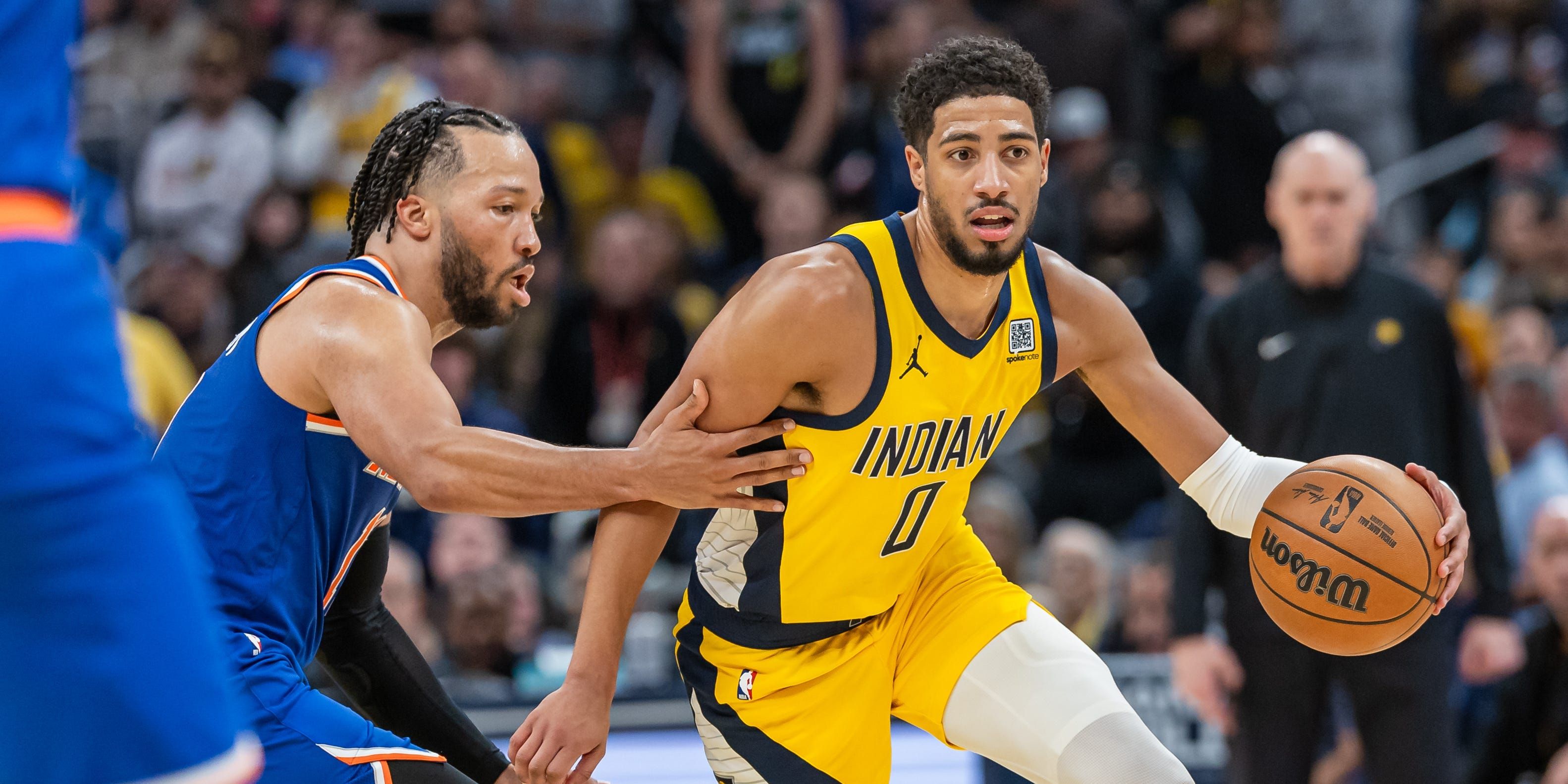 Tyrese Haliburton do Pacers encara Jalen Brunson dos Knicks nas Finais da Conferência Leste de 2025. Reprodução: Business Insider