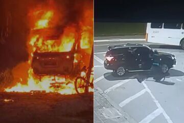 Carro suspeito de ter sido usado na execução do delegado Ruy Ferraz Fontes é encontrado em chamas em Praia Grande. Legenda da imagem. Reprodução: Retorno do item 11