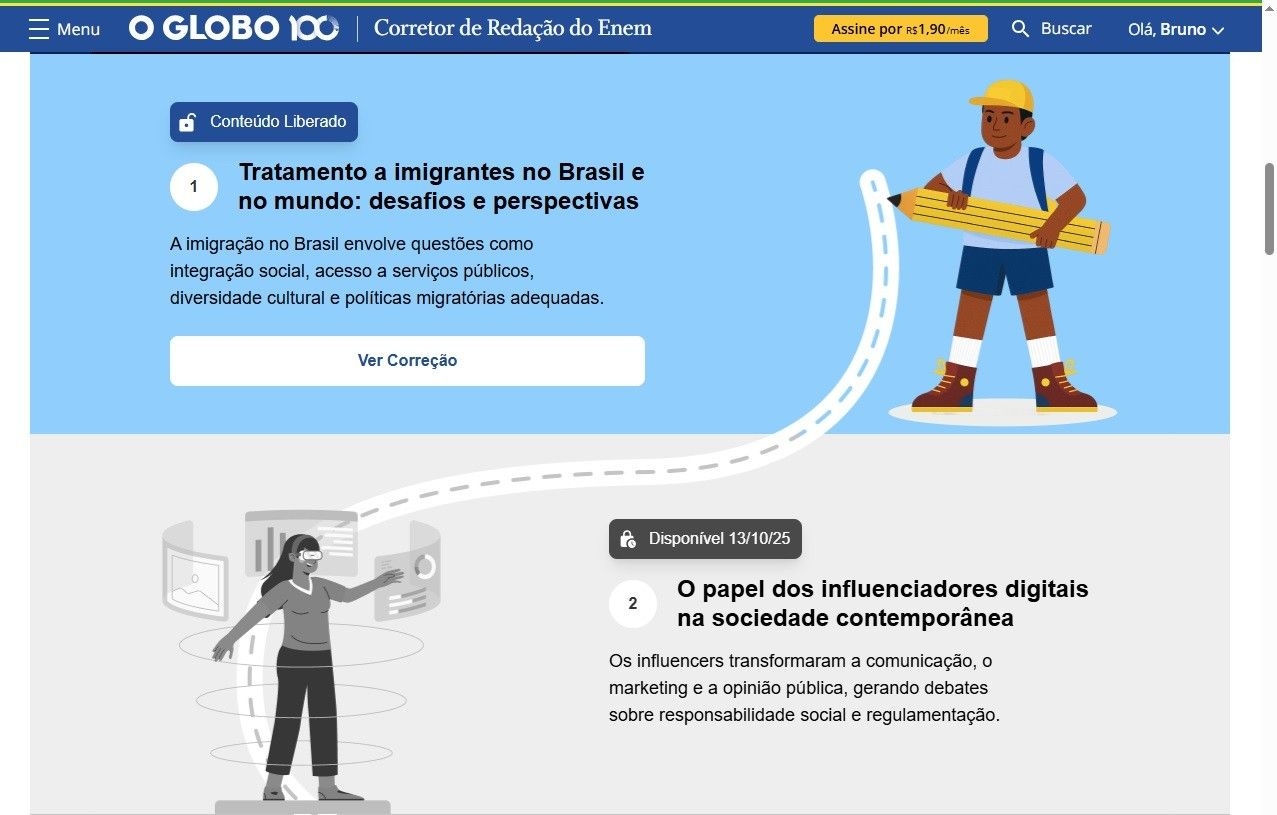 IA do GLOBO corrige redações para o ENEM, com tema sobre influenciadores digitais. Legenda da imagem. Reprodução: Retorno do item 11