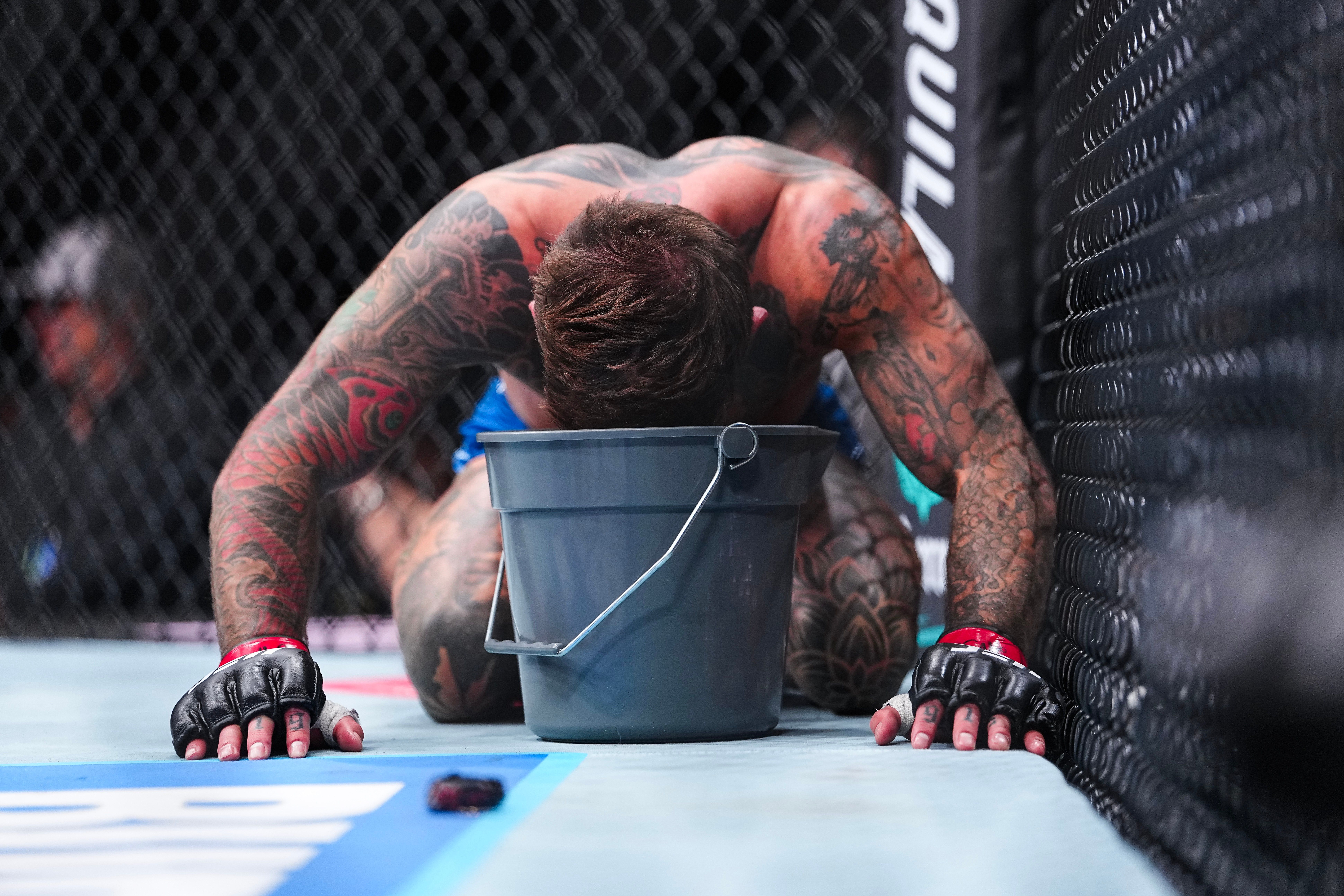 Ex-campeão do UFC vomita no octógono após golpe baixo. Reprodução: Ge