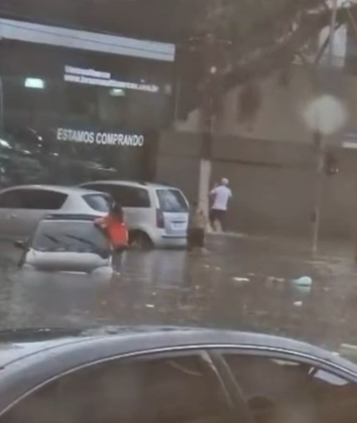 [Mulher sai pela janela do carro em rua alagada durante chuva em SP.]. Reprodução: G1