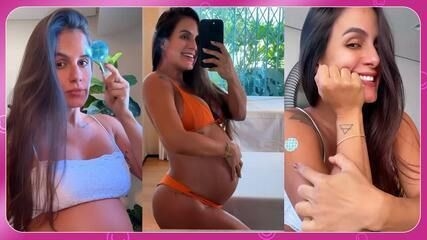 Carol Peixinho exibe barriga de sete meses de gestação com amor pelo filho Bento. Legenda da imagem. Reprodução: Globo