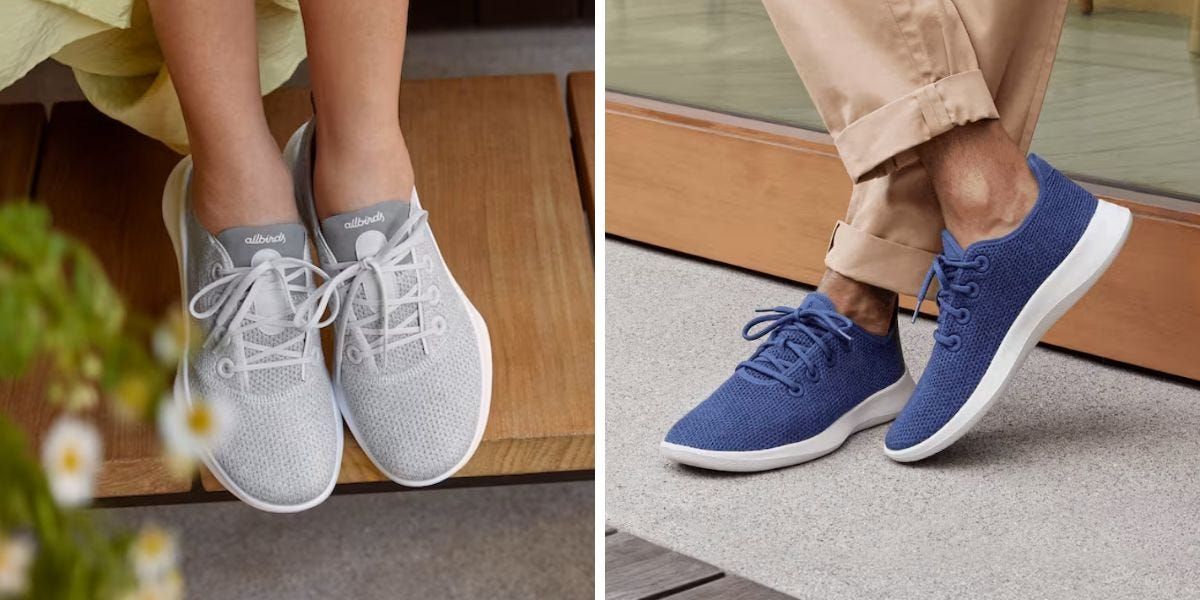 Duas pessoas usando diferentes modelos de tênis Allbirds, destacando estilo e conforto. Reprodução: Business Insider
