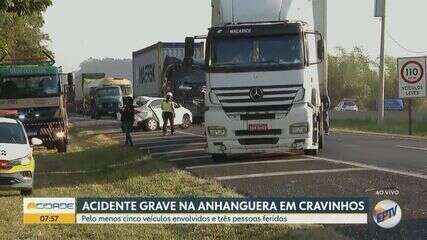 Acidente com engavetamento na Rodovia Anhanguera resulta em feridos graves e congestionamento. Reprodução: Globo