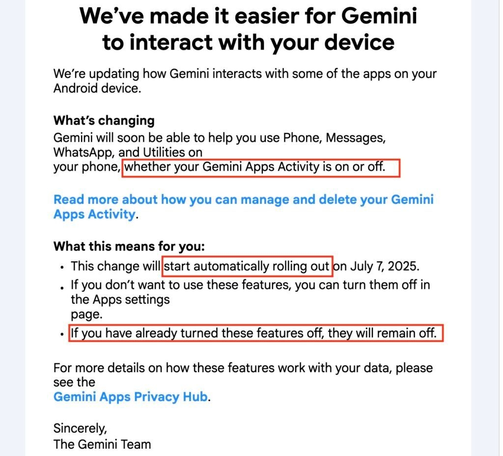 Email do Google informa sobre acesso do Gemini a aplicativos de terceiros no Android.; Reprodução: Ars Technica