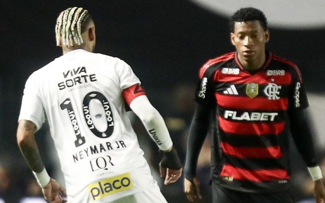 Neymar em ação decisiva na vitória do Santos sobre o Flamengo na Vila Belmiro. Reprodução: Gilvan de Souza/Flamengo