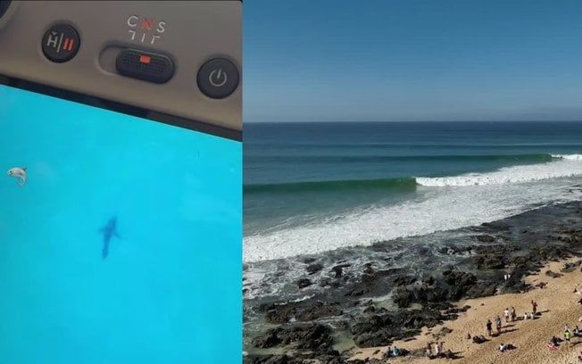 Kanoa Igarashi flagra tubarão enorme em drone durante competição na Jeffreys Bay, África do Sul. Legenda da imagem. Reprodução: ig.com.br