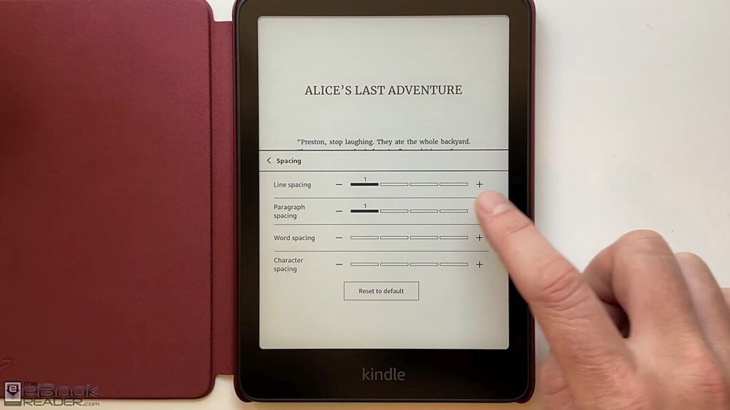 Kindle recebe atualização com novas opções de espaçamento entre palavras, caracteres e parágrafos. Reprodução: The eBook Reader