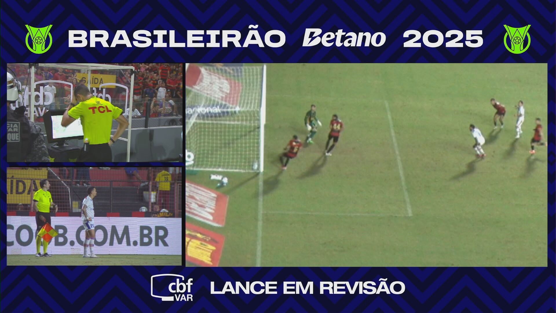 Paralisação de jogo na Ilha do Retiro para checar gol de Yago Pikachu. Reprodução: Globo