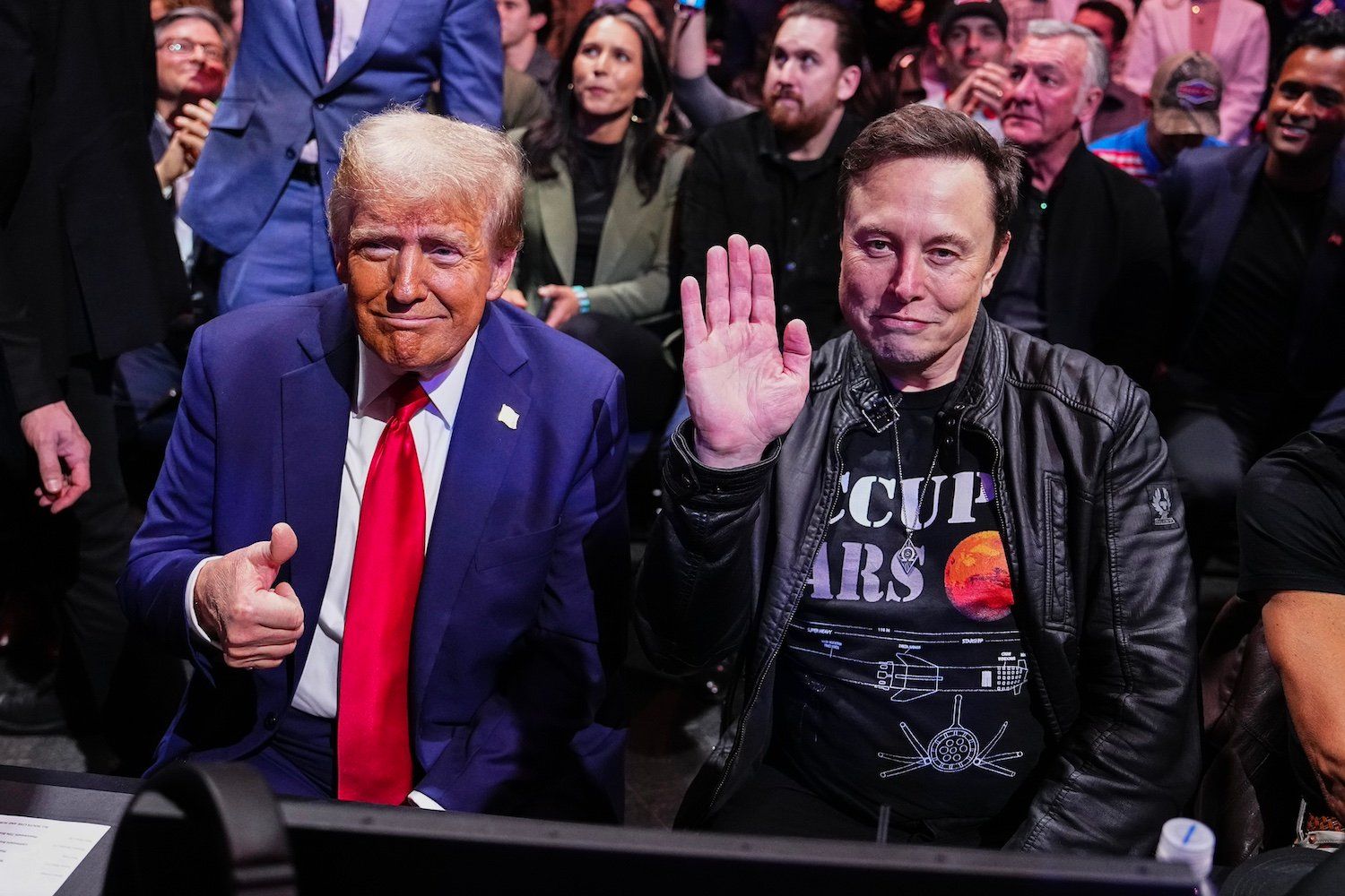 Donald Trump e Elon Musk assistem a uma luta do UFC em Nova York. Reprodução: Gizmodo