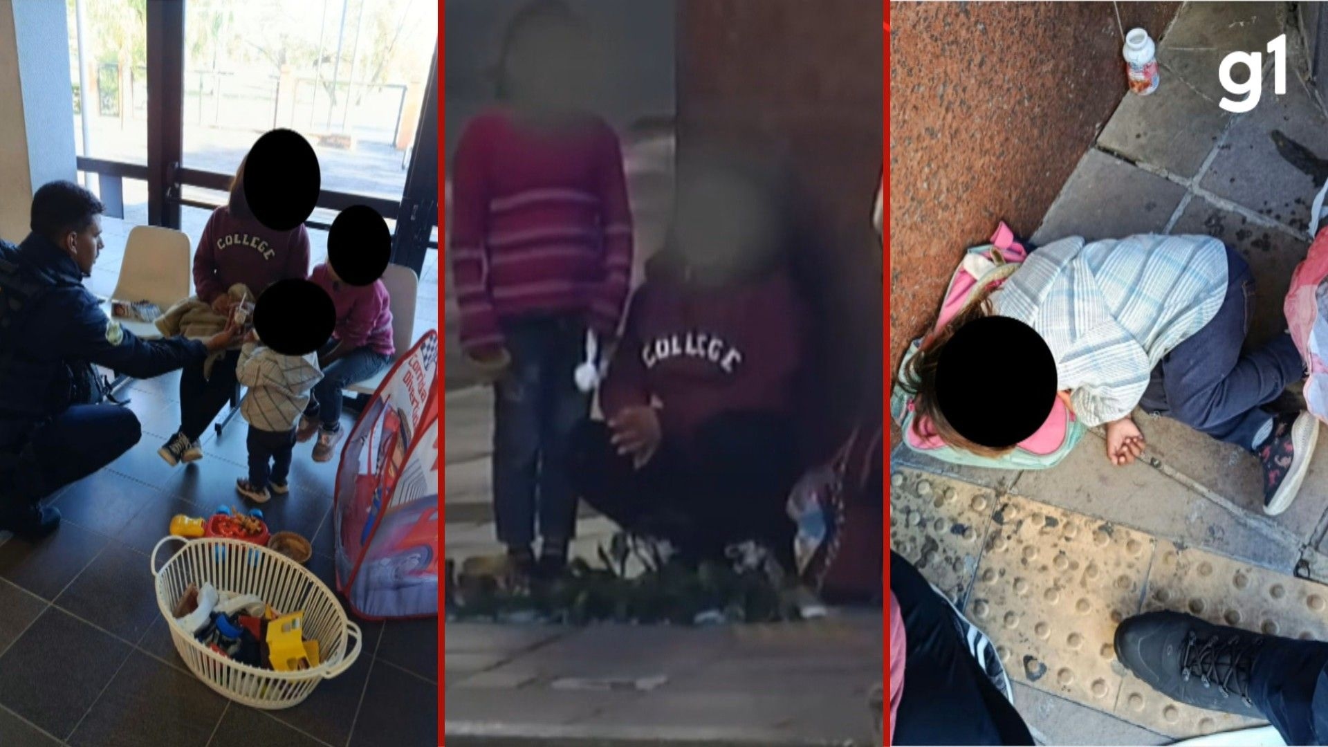 Crianças indígenas resgatadas em Porto Alegre em dia de baixas temperaturas. Legenda da imagem. Reprodução: Globo.