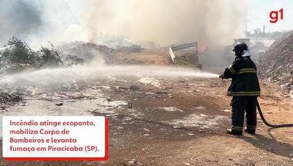 Incêndio atinge ecoponto do Jardim Oriente em Piracicaba, mobilizando Corpo de Bombeiros. Reprodução: Edijan Del Santo/EPTV