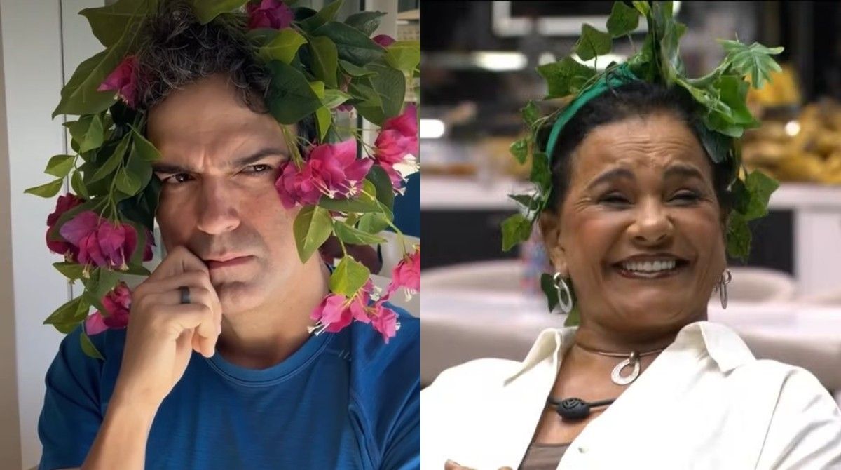Tadeu Schmidt recria cena de Solange Couto com planta na cabeça no BBB 26. Reprodução: Gshow