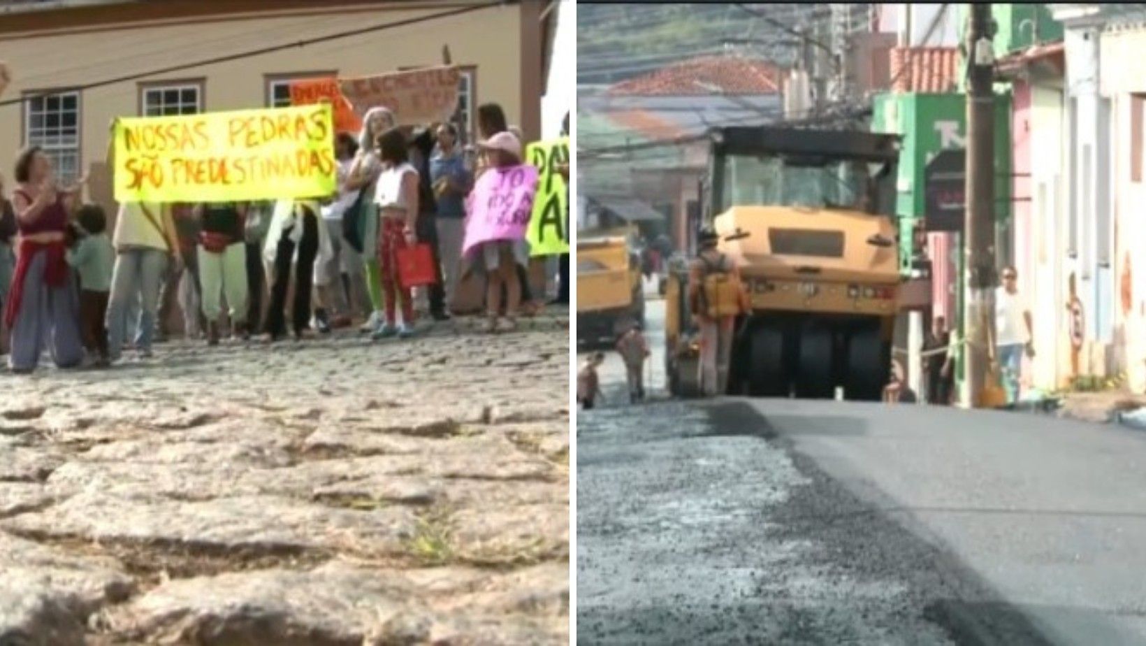 Moradores de Piracaia protestam contra asfaltamento, defendendo a preservação dos paralelepípedos históricos. Legenda da imagem. Reprodução: Globo