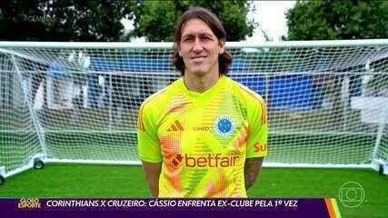 Cássio cumprimenta jogadores do Corinthians antes de enfrentar seu ex-clube na Neo Química Arena.; Legenda da imagem. Reprodução: Globo