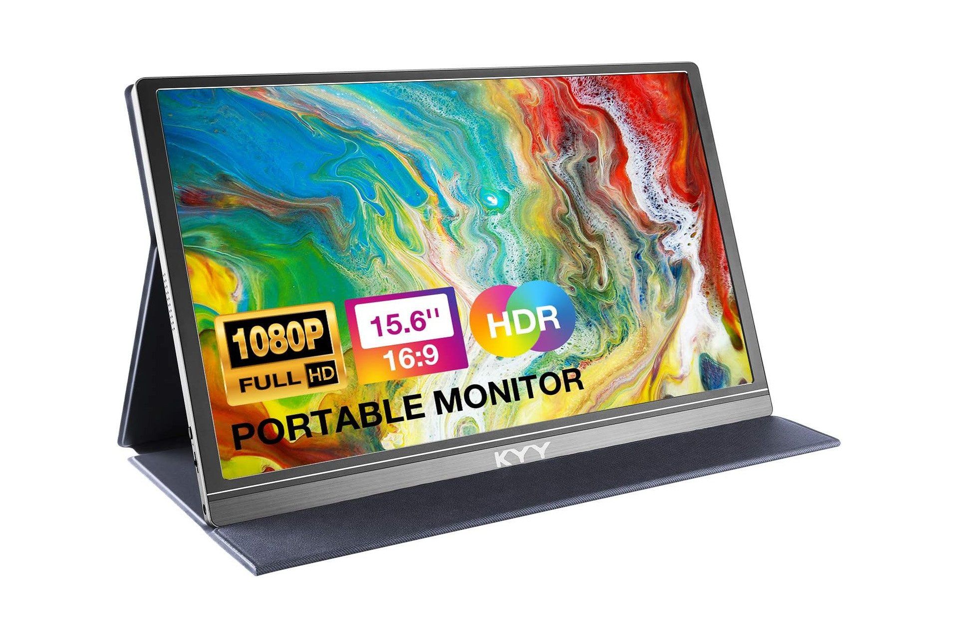 Novo monitor portátil KYY, com case magnética que também funciona como suporte, disponível por preço promocional. Reprodução: Gizmodo