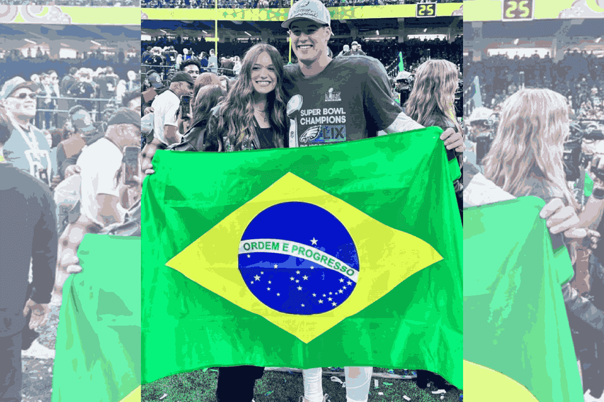 Quarterback Tanner Mckee exibe bandeira do Brasil no Super Bowl