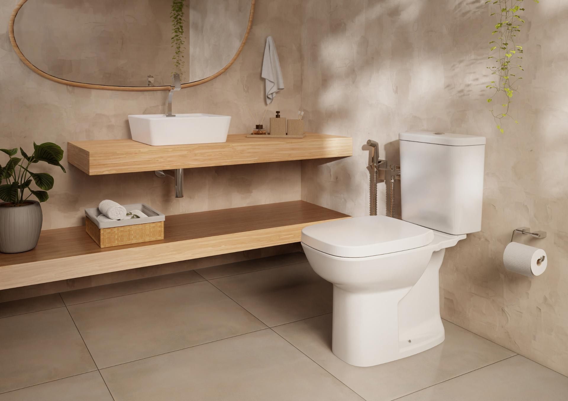 Banheiro moderno com revestimentos grandes, nichos iluminados e metais contemporâneos. Legenda da imagem. Reprodução: G1