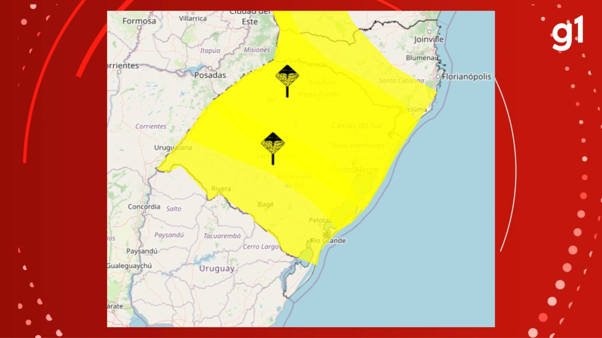 Alerta de temporal no RS com previsão de chuvas fortes e rajadas de vento. Reprodução: Globo