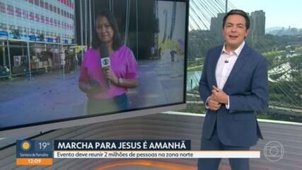 Multidão de fiéis participa da Marcha para Jesus 2024 em São Paulo.; Reprodução: Globo