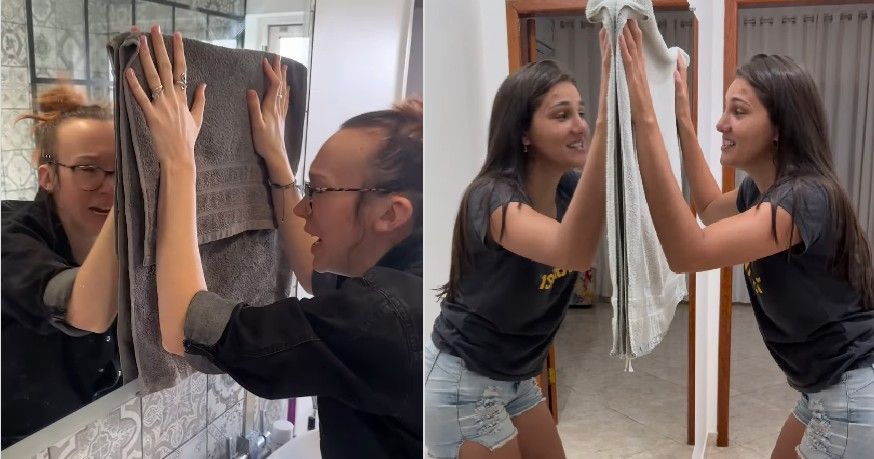 Explicação física sobre o reflexo no espelho mesmo com uma toalha cobrindo parte dele. Reprodução: Globo