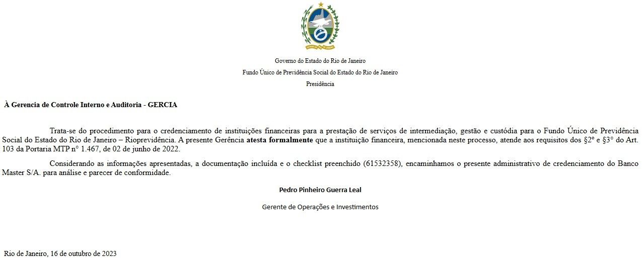 Diretor de Investimentos do Rioprevidência é exonerado diante do escândalo do Banco Master.. Reprodução: Oglobo