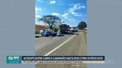 Família é vítima fatal em acidente entre carro e caminhão na PR-323. Reprodução: Globo