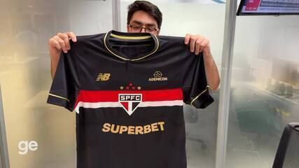 João Pedro Brandão apresenta a nova camisa nº 3 do São Paulo, homenageando Rogério Ceni. Reprodução: Globo