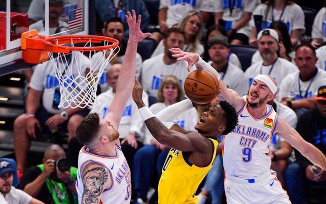 Haliburton marca o ponto decisivo e garante vitória dos Pacers sobre o OKC no primeiro jogo das finais. Reprodução: iG Esporte
