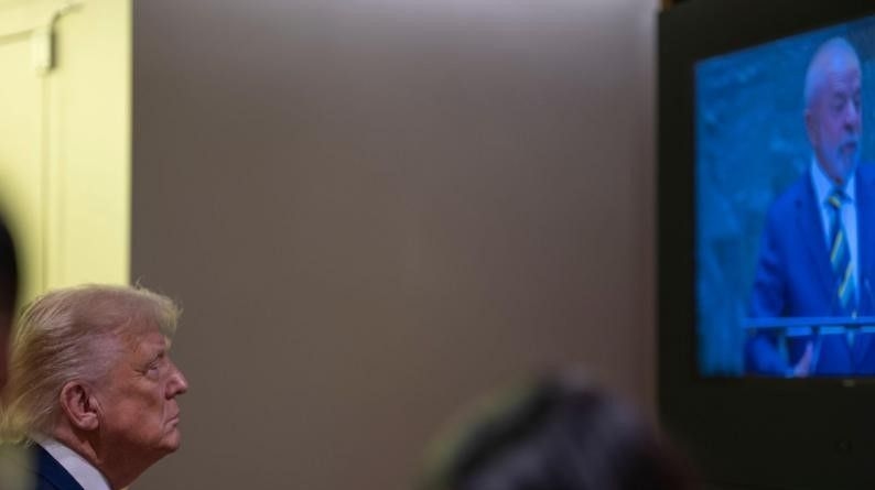 Trump assiste ao discurso de Lula na ONU, em setembro, em sala reservada. Legenda da imagem. Reprodução: Retorno do item 11