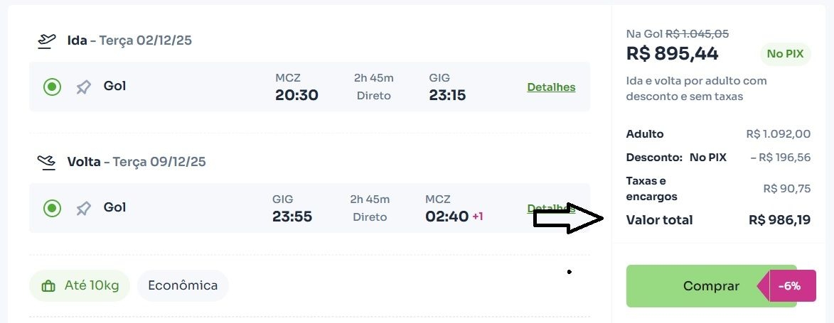 Feirão de passagens de Maceió: voos diretos com tarifas promocionais para várias cidades. Reprodução: Retorno do item 11